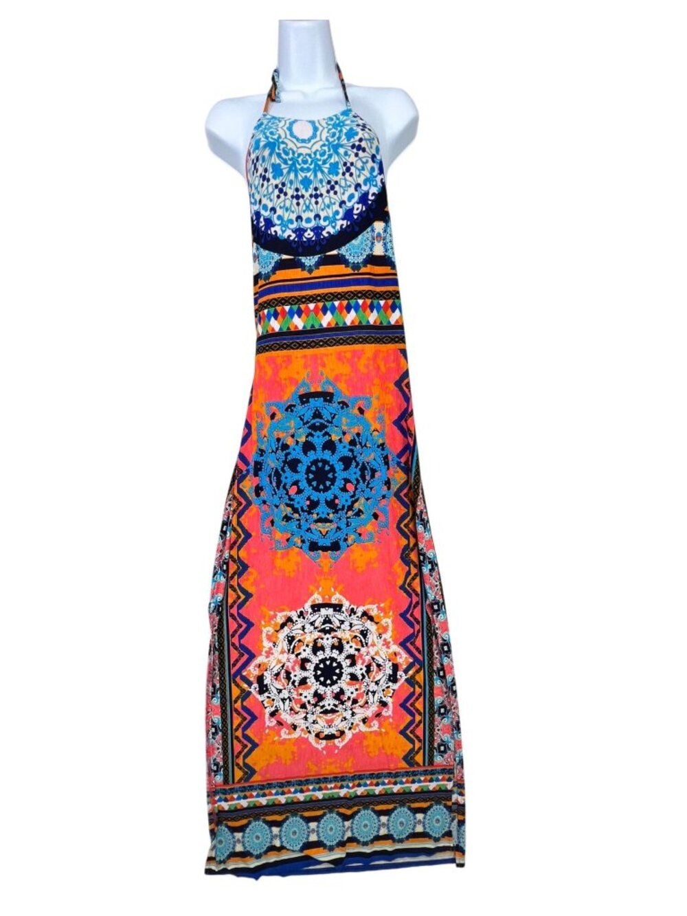 Silvercute Womens African Print Halter Low Back Maxi Boho Dress Large Beach
